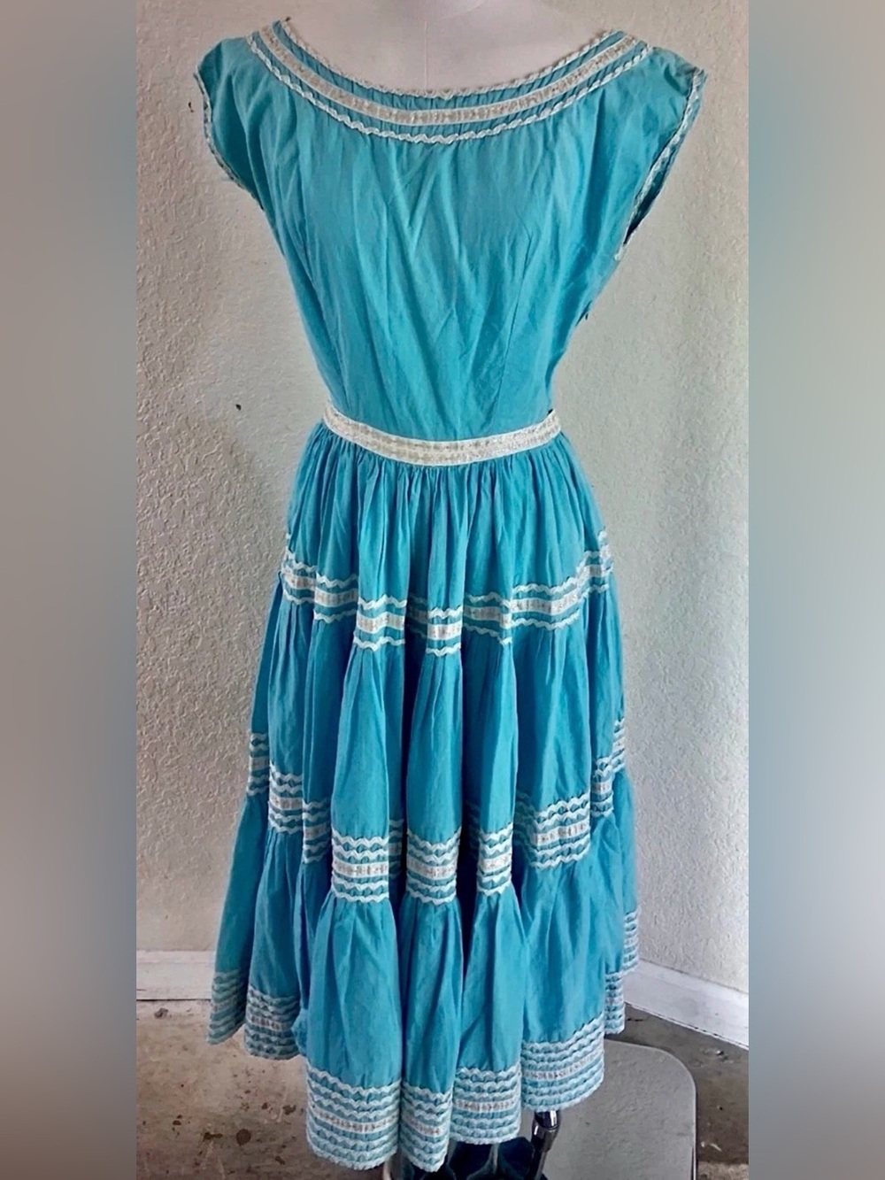 1940s Turquoise Blue Patio Dress White & Silver Ric Rac Western Square Dancing
